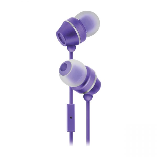 Sentry Industries HM165: Stereo Earbuds with in-line Mic in white package In Purple