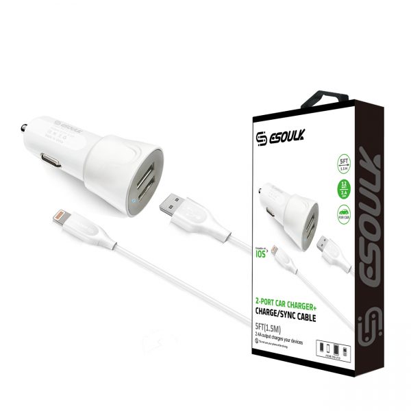 Esoulk 12W 2.4A Dual USB Travel Car charger With 5FT Charging Cable for 8 PIN In White