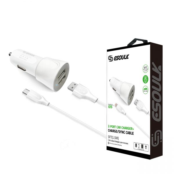 Esoulk 12W 2.4A Dual USB Travel Car charger With 5FT Type-C Charging Cable In White