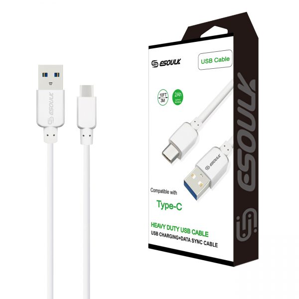 Esoulk 10ft Round Cable For TYPE-C 2A In White