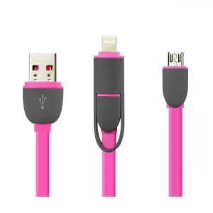REIKO 8PIN AND MICRO USB FLAT CABLE 3.2FT 2-IN-1 USB DATA IN HOT PINK