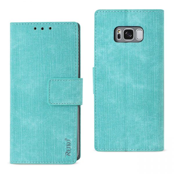 REIKO SAMSUNG S8 EDGE/ S8 PLUS DENIM WALLET CASE WITH GUMMY INNER SHELL AND KICKSTAND FUNCTION IN BLUE