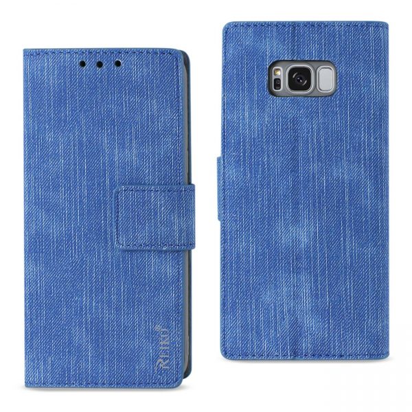 REIKO SAMSUNG S8 EDGE/ S8 PLUS DENIM WALLET CASE WITH GUMMY INNER SHELL AND KICKSTAND FUNCTION IN NAVY