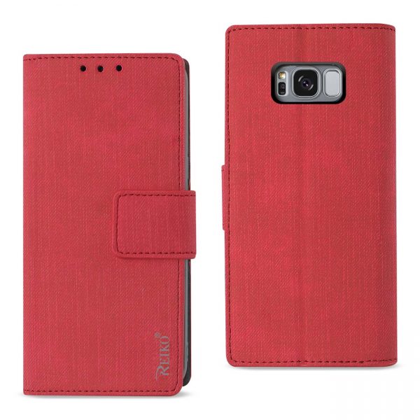 REIKO SAMSUNG S8 EDGE/ S8 PLUS DENIM WALLET CASE WITH GUMMY INNER SHELL AND KICKSTAND FUNCTION IN RED