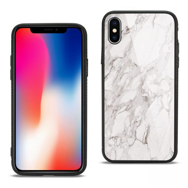 Reiko iPhone X/iPhone XS Hard Glass Design TPU Case With White Marble