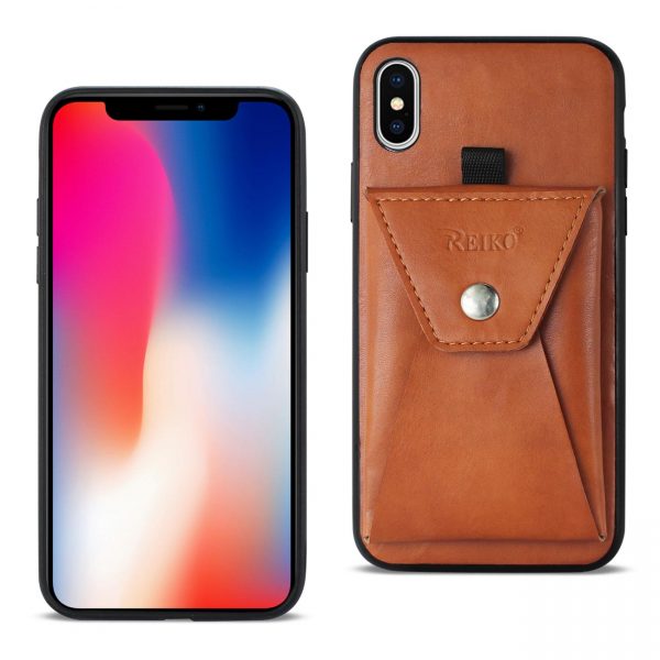 Reiko iPhone X/iPhone XS Durable Leather Protective Case With Back Pocket In Brown
