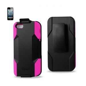 REIKO IPHONE SE/ 5S/ 5 3-IN-1 HYBRID HEAVY DUTY HOLSTER COMBO CASE IN HOT PINK BLACK