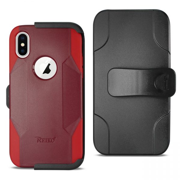 REIKO iPhone X/iPhone XS 3-IN-1 HYBRID HEAVY DUTY HOLSTER COMBO CASE IN BURGUNDY