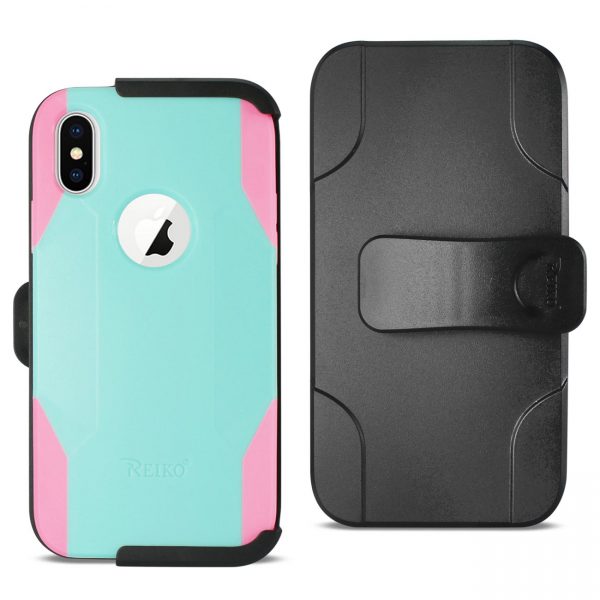 REIKO iPhone X/iPhone XS 3-IN-1 HYBRID HEAVY DUTY HOLSTER COMBO CASE IN MINT GREEN