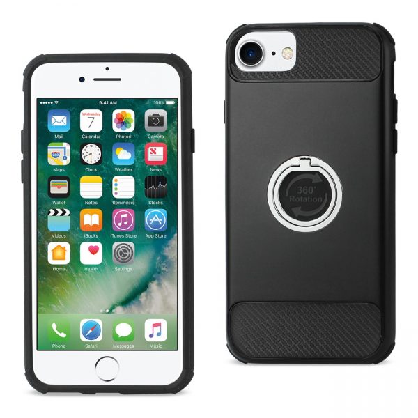 Reiko iPhone 8/ 7 Hybrid Case With 360 Degree Rotating Ring Stand Holder In Black