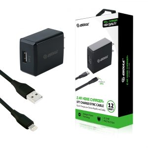 12W 2.4A Wall Charger & 5ft Cable For 8 PIN In Black