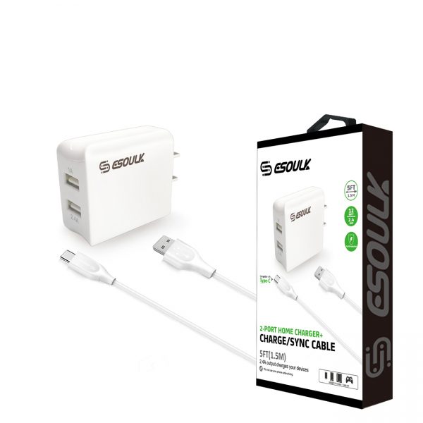 Esoulk 12W 2.4A Dual USB Travel Wall charger With 5FT Type-C Charging Cable In White
