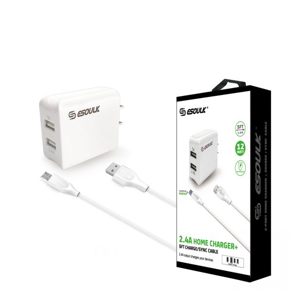 Esoulk 12W 2.4A Dual USB Travel Wall charger With 5FT  Micro USB Charging Cable In White