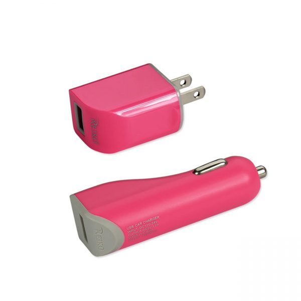 REIKO IPHONE SE/ 5S/ 5 1 AMP 3-IN-1 CAR CHARGER WALL ADAPTER WITH CABLE IN HOT PINK