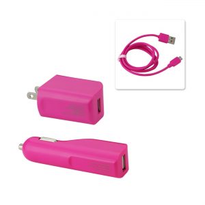 REIKO MICRO 1 AMP 3-IN-1 CAR CHARGER WALL ADAPTER WITH USB CABLE IN HOT PINK