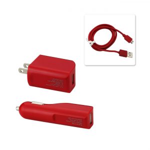 REIKO MICRO 1 AMP 3-IN-1 CAR CHARGER WALL ADAPTER WITH USB CABLE IN RED